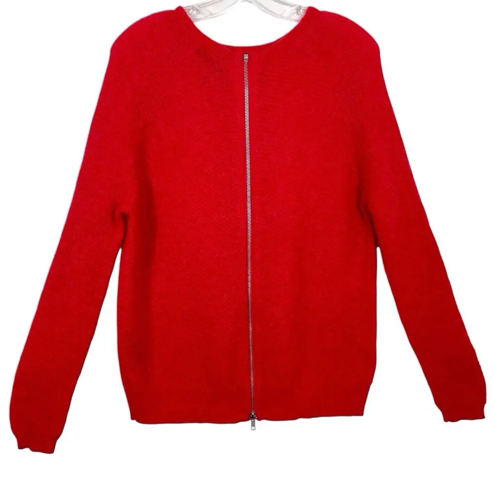 The Kooples Red Mohair Open Knit Back Zip Sweater Size Large Sheer EUC